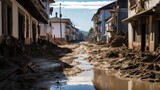 Streets of a town destroyed and flooded with water and mud.