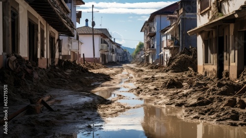 Streets of a town destroyed and flooded with water and mud.