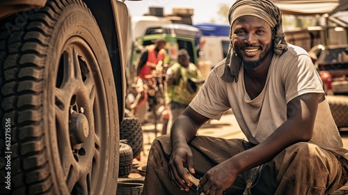 Portrait, cheerful black african man as a mechanic, smiling next to a broken car.
