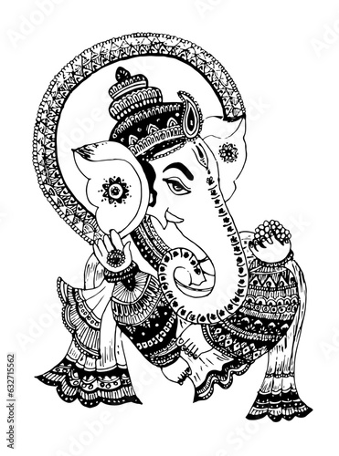 Digital Drawing with mehndi art design concept of lord Ganesha line drawing isolated on white background - vector illustration