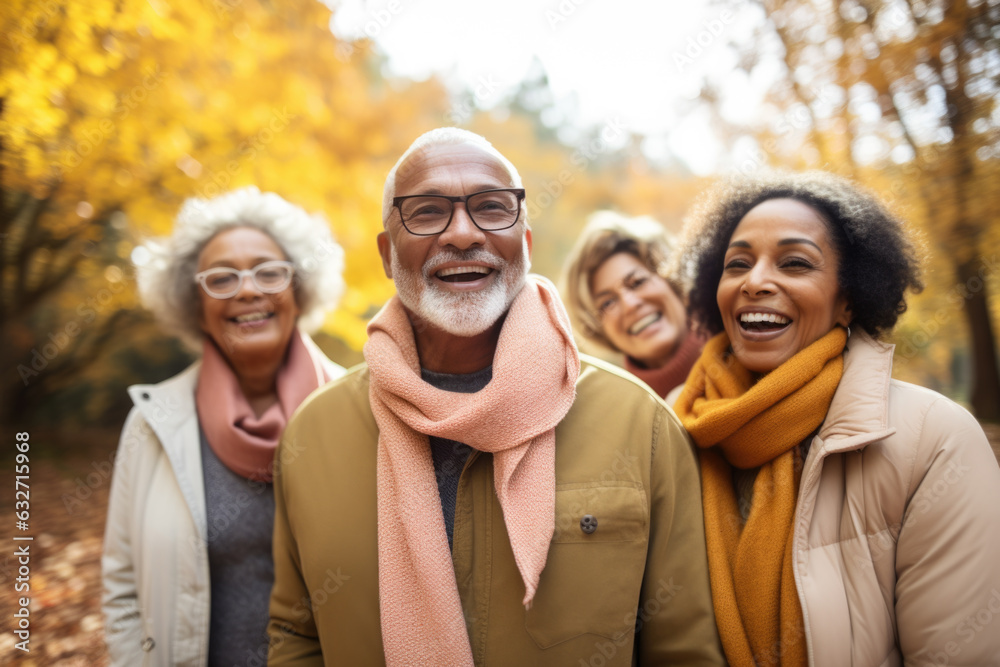 Autumn Escapade: portrait of Active Seniors Admire Seasonal Beauty on Hike