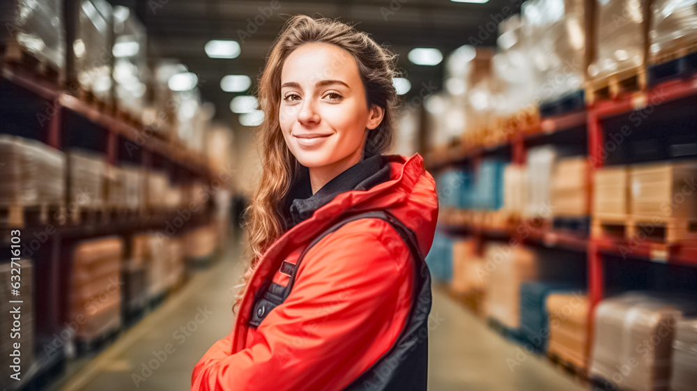 Portrait of happy young woman warehouse worker wearing safety jacket looking at camera.
