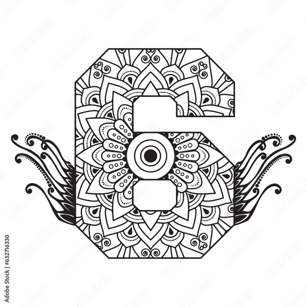 Obraz premium An intricate number six with mandala pattern design for creative coloring and ornate digital art