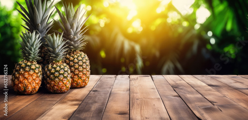 Empty rustic old wooden boards table copy space with pineapple fruits on desk, blurred tropical jungle background. Product display template. Generative AI