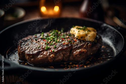 Sizzling steak with garlic butter, Food, bokeh  photo
