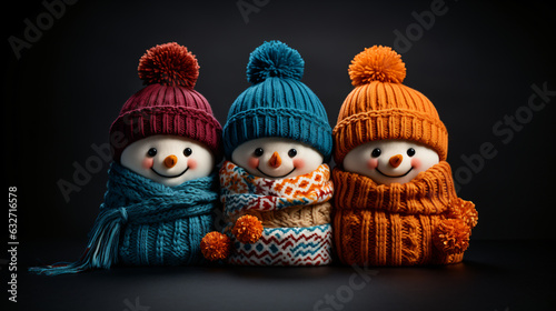 Small Christmas winter figures wrapped in scarf and cap stand in a row, generative AI photo