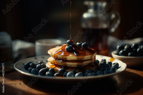 Blueberry pancakes with maple syrup, Food, bokeh  photo