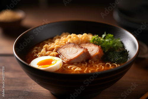 A bowl of ramen with pork belly and soft-boiled egg, Food, bokeh 