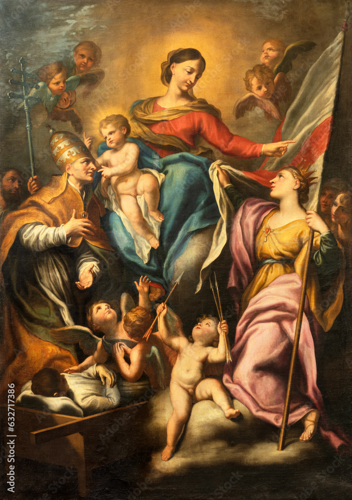 Naklejka premium GENOVA, ITALY - MARCH 6, 2023: The painting of Madonna with the sant Gregory the Great and St. Orsola in church Basilica della Santissima Annunziata del Vastato by Anton Maria Piola (1654 - 1715).
