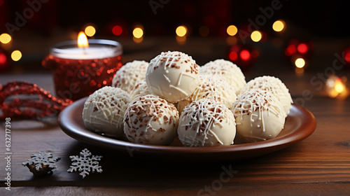 Delicious chocolate balls in a christmas atmosphere with candle, generative AI photo