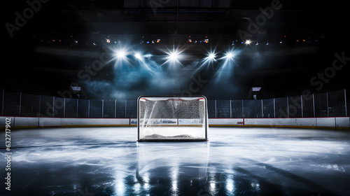 alone hockey goal and hockey arena with ice photo