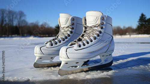 a pair of white ice skates stand in the sunlight on an ice surface, generative AI