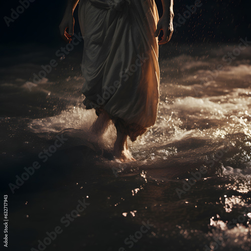 Closeup of Jesus walking on water during a storm.