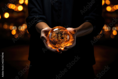 Symbolic bitcoin in the palms of a man