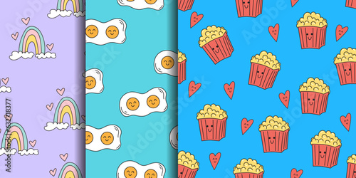 Set of seamless patterns with cute rainbows, fried eggs, popcorn bags. Background with kawaii food. Anthropomorphic faces. Childish texture for textile, fabric