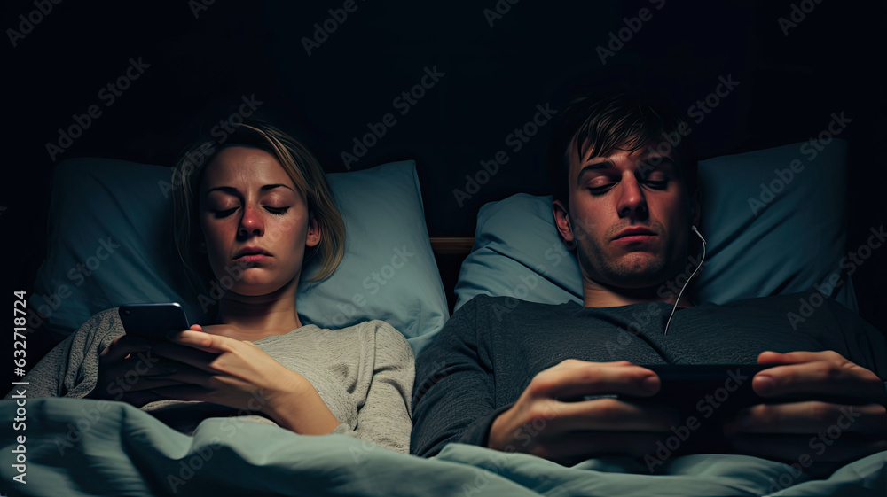 Fototapeta premium siding Couple Couple sleep with smartphones in their bed. Mobile phone addiction. Bored distant couple ignoring each other lying in bed at night while using mobile phones.generative ai