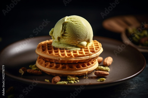 A double scoop of pistachio ice cream with a wafer cookie, Ice cream, 