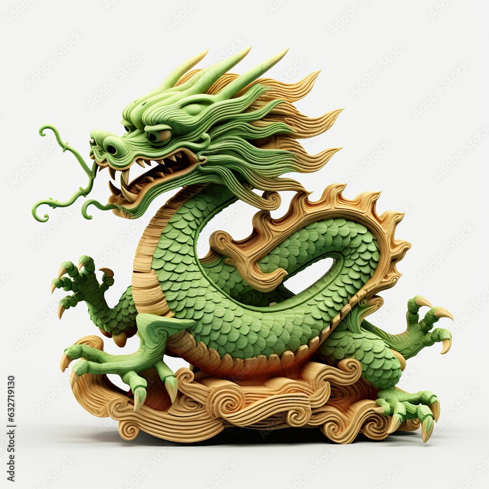 Fototapeta premium Green wooden eastern dragon. Symbol of the Chinese New Year. Asian traditions, Generative AI