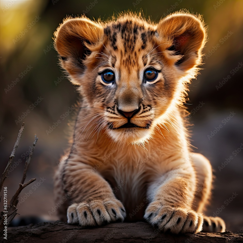 Fototapeta premium Portrait of a cute and funny wild lion cub looking at the camera resting on a tree in a natural habitat with a beautiful blurred background. Generative AI