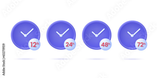 3D Set of arrows clock and time icons. 12, 24, 48, 72 hours. Time-keeping and measurement of time.