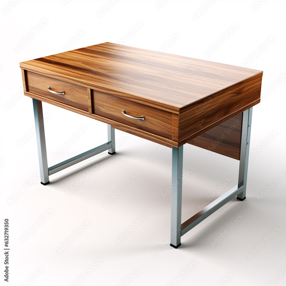 Modern wooden table with drawers isolated on white background