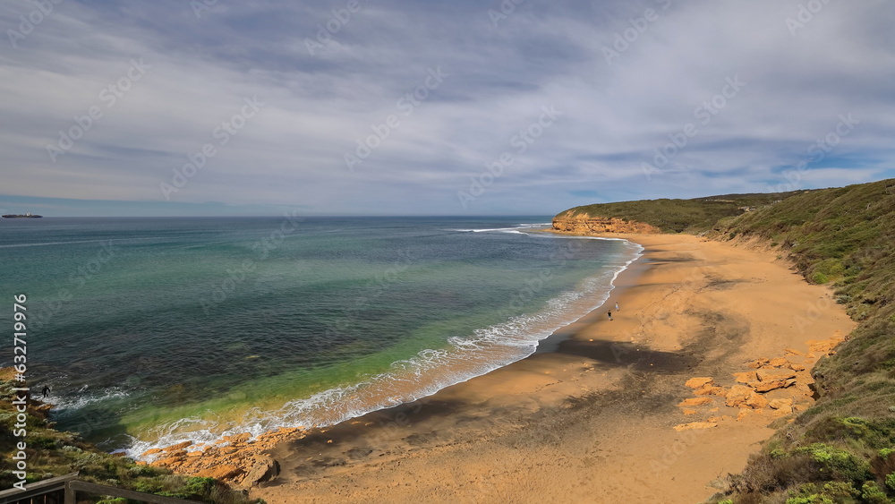 View over Bells Beach to the Bass Strait open waters, calm morning, slightly cloudy sky. Victoria-Australia-772
