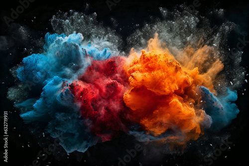 stellar collision, fiery star explosion amidst blue cosmic clouds, abstract background, generative ai