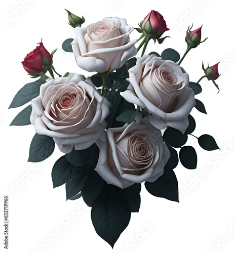 hermoso ramo de flores, rosas blancas realistas, con tallo y planta verde debajo, IA generativa	