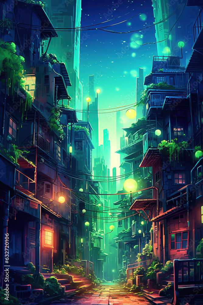 Obraz premium Night city. Megapolis. Night street. Full moon. Generative AI