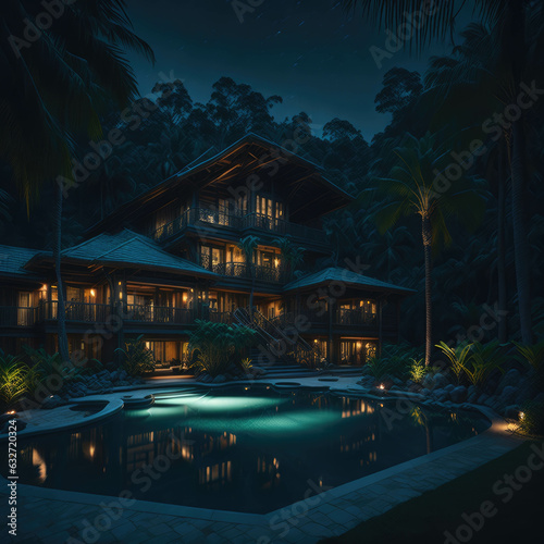 Luxury Tropical Bamboo Cabin Exterior With Swiming Pool, Vacantion and Travel Concept, Generative AI © Phoenix_Renders