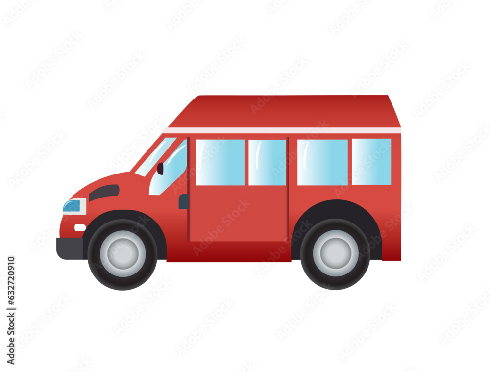 Vector illustration of red color van, fire brigade cartoon car