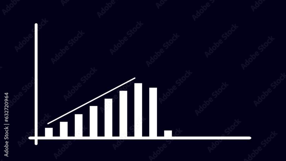 Abstract growth graph, white arrow moves upward, columns. black background 4k video. Economic progress chart. Analysis graph for investment, currency, money or companies profit concept .