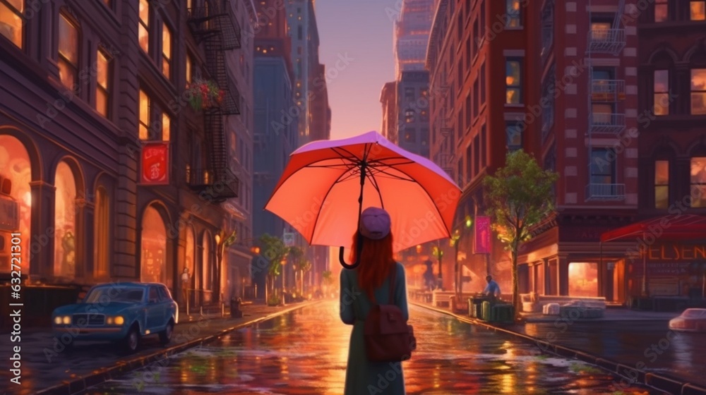 Streets style natalia girl umbrella night light wallpaper image AI generated art