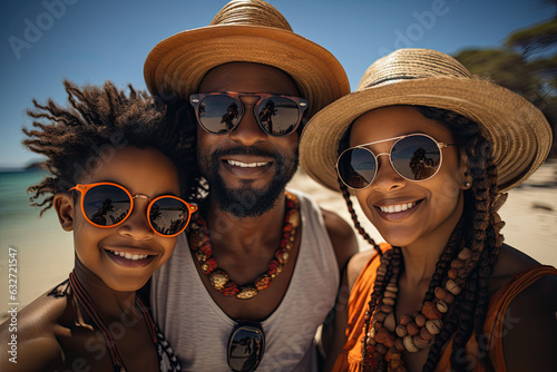 photograph of Happy African family having fun on the beach during summer vacation - Parents love and unity concept.generative ai
