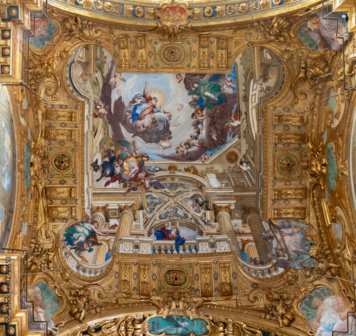 GENOVA, ITALY - MARCH 6, 2023: The fresco of Assumption in presbytery of church Basilica della Santissima Annunziata del Vastato by Andrea Ansaldo (1584 – 1638).	
 photo
