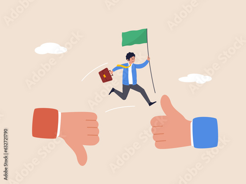 Feedback or review concept. Negative to positive situation. Businessman jumping from a thumbs down to a thumbs up icon roadmap to success. Modern flat vector.