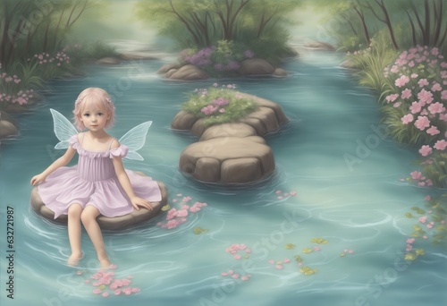 A little fairy playing in a beautiful lake .Ai Generated