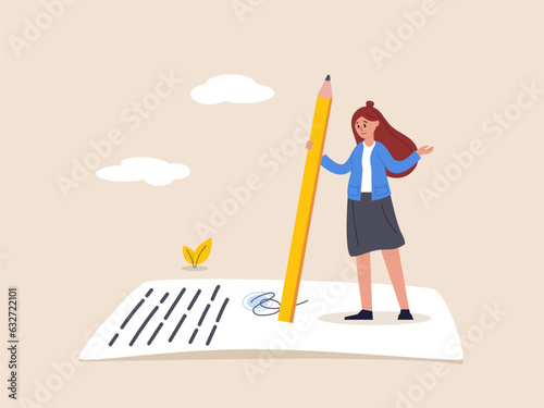 Content writer concept. Blogger, bullet journalist or publishing editor, young smart woman freelance holding big pencil thinking and writing content on notepad paper. Modern flat vector.