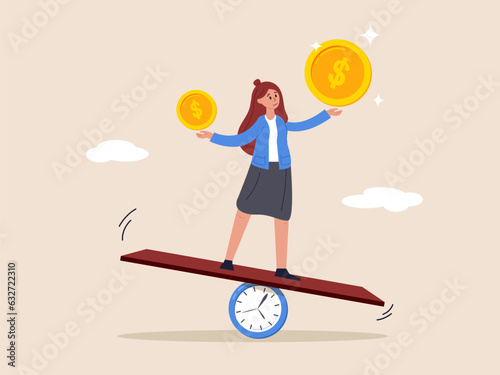 Time value of money. Inflation or earning cost, value depend on time. Sum of money worth more now at present time than future. Businesswoman investor holding money big and small coin on clock seesaw.