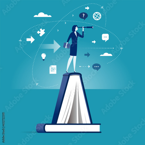 Knowledge. A woman stands on a book and explores space throgh monoculars. Business illustration