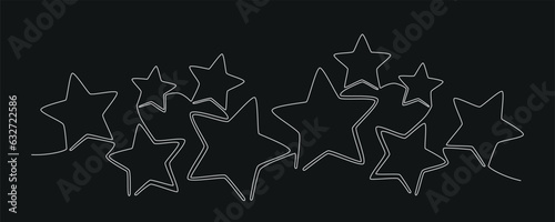 Christmas composition with stars. Hand drawing continues one single line. Vector stock illustration isolated on black background for invitation, card, presentation, frame or border. Editable stroke.