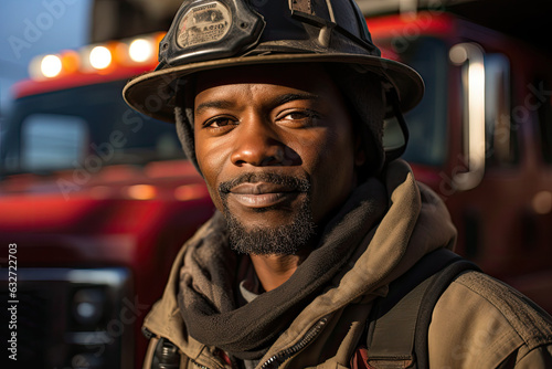 photograph of Portrait of african american brave fireman standing near fire truck.generative ai © LomaPari2021