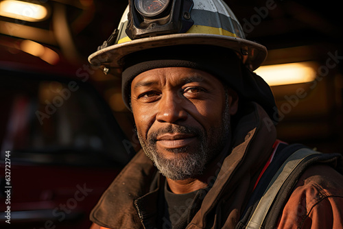 photograph of Portrait of african american brave fireman standing near fire truck.generative ai