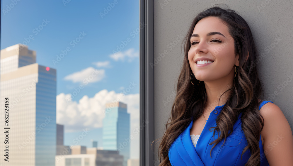young manager standing in front of wall and big window with city view in the morning - Generative AI
