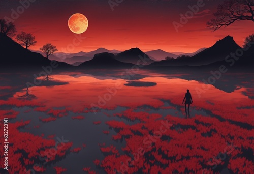 Red moon over the lake in red and black theme.Ai Generated