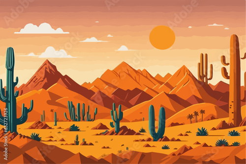 Cartoon desert landscape with cactus  hills  sun and mountains silhouettes  vector nature horizontal background.  