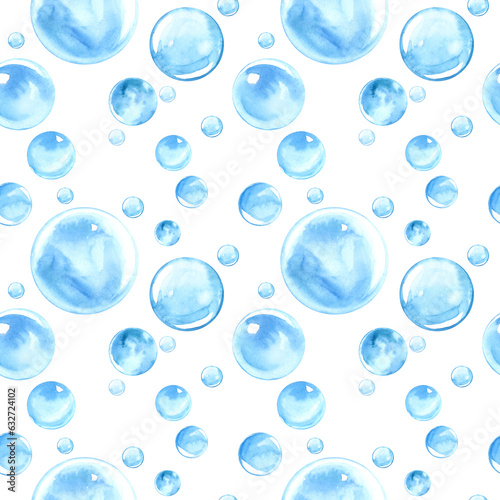 Seamless pattern of light blue bubbles watercolor illustration. Hand drawn round transparent ball. On white background. Suitable for soap, shampoo, cosmetics, packaging, design.