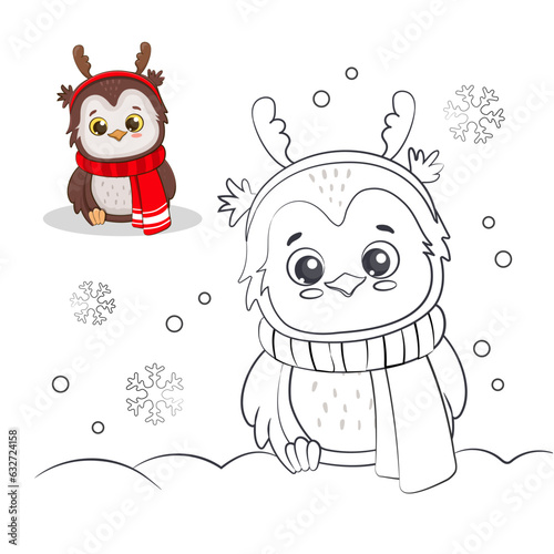 Christmas coloring book with owl. Cute owlet in doodle style on a white background. Vector illustration