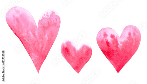 Three watercolor pink romantic hearts. Hand drawn in different sizes