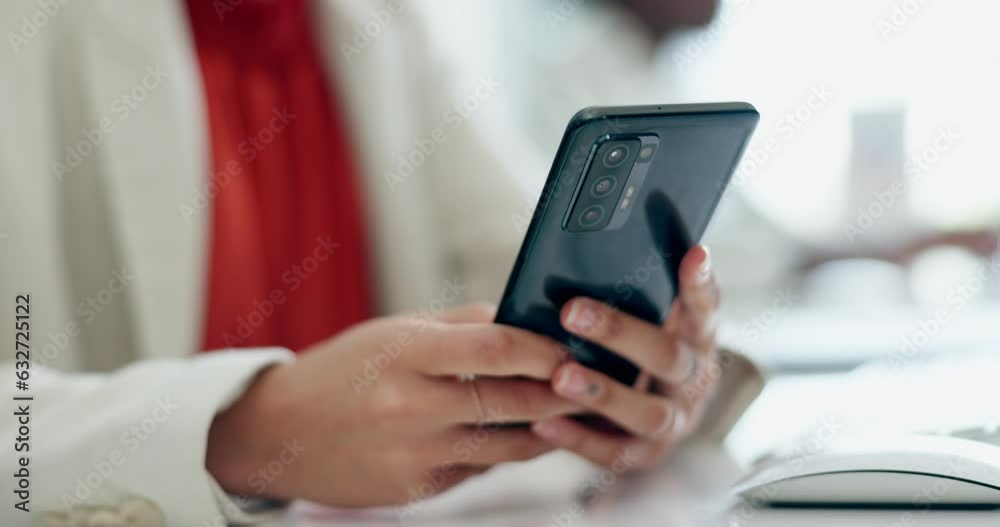 Woman, phone and hands typing on social media, communication or networking at office. Closeup of female person or employee texting or chatting on mobile smartphone app in online browsing at workplace Woman, phone and hands typing on social media, communication or networking at office. Closeup of female person or employee texting or chatting on mobile smartphone app in online browsing at workplace